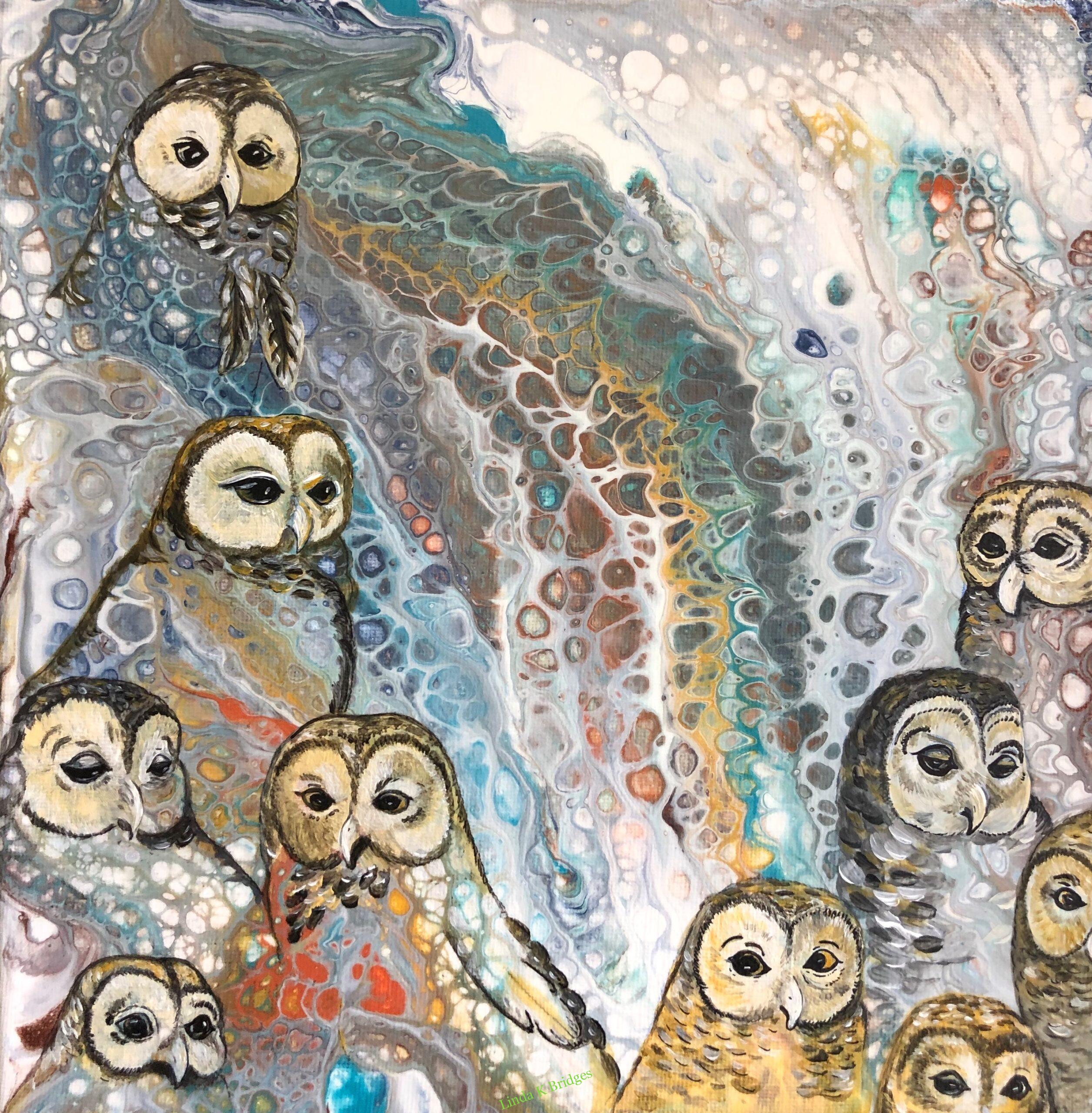 Barn Owls on Acrylic Pour Painting