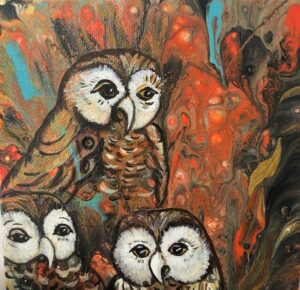 Three Little Barn Owls Looking Back at Me! Print
